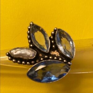Silver and Blue Topaz Faceted Stone Ring with Biwa Pearl in a cluster design.
